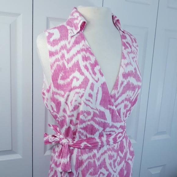 Pendleton Cotton Midi Dress Pink on White Sleeveless Wrap Lined Size 8 - Picture 7 of 16